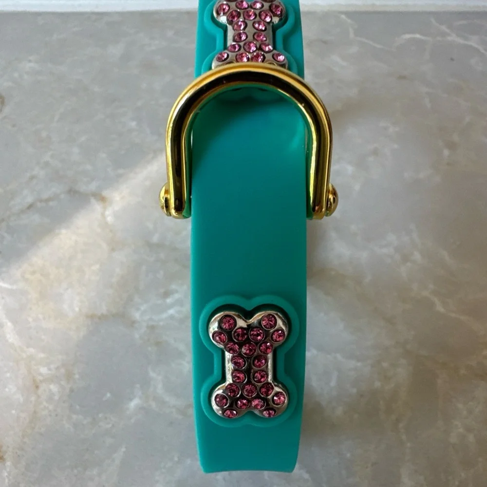 NEW Bonefly Puppy Dog Gift Collar Aqua Gold +4 X Swarovski Pink Charms Sz XS - Picture 2 of 13